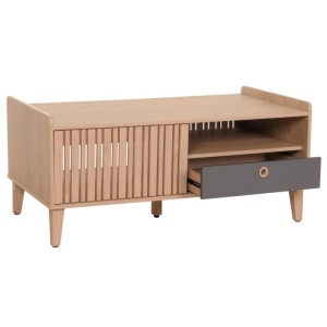 Beiger Couchtisch M48 mit grauer Schublade, Fächern und Schiebetür.