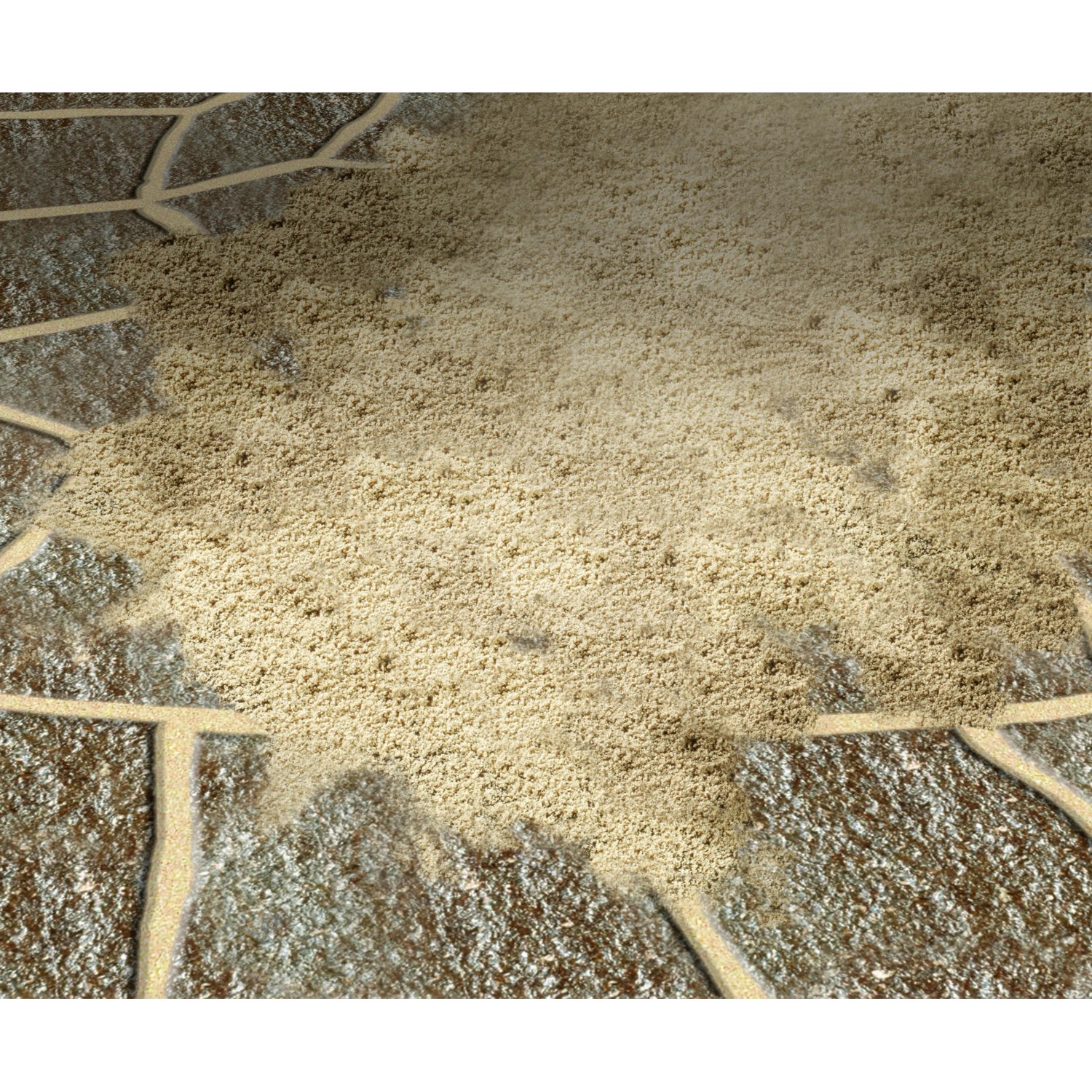 Sandfarbener MEM Fix-Fertig-Fugenmörtel (25 kg) zwischen Pflastersteinen.