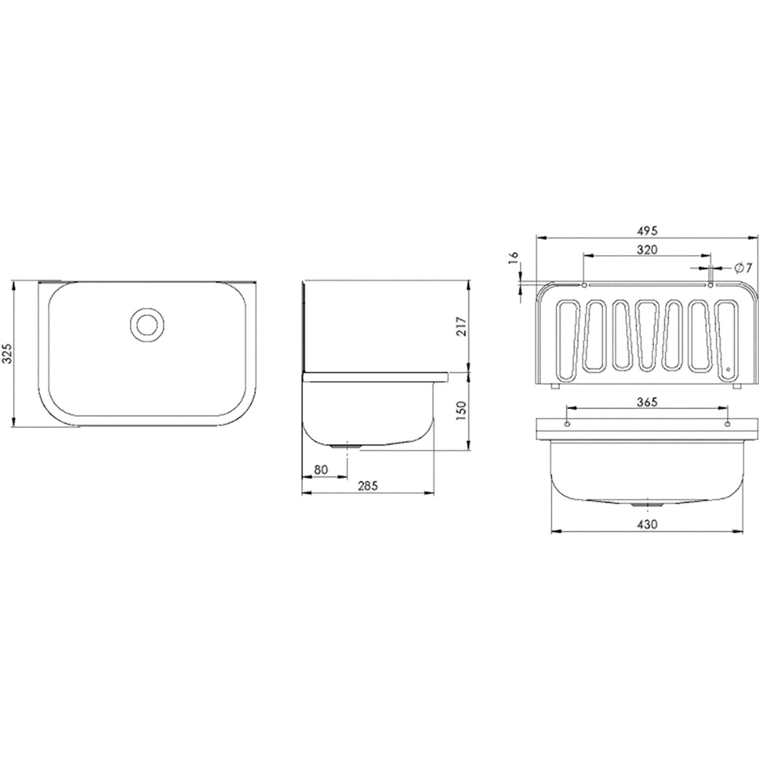 Technische Zeichnung: Sanitop-Wingenroth Ausgussbecken Edelstahl 50 cm, Maße und Details.