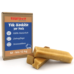 Braune Supravit Yak Kaukäse 3er Packung mit drei gelbbraunen, harten Kauknochen für Hunde bis 12 kg.