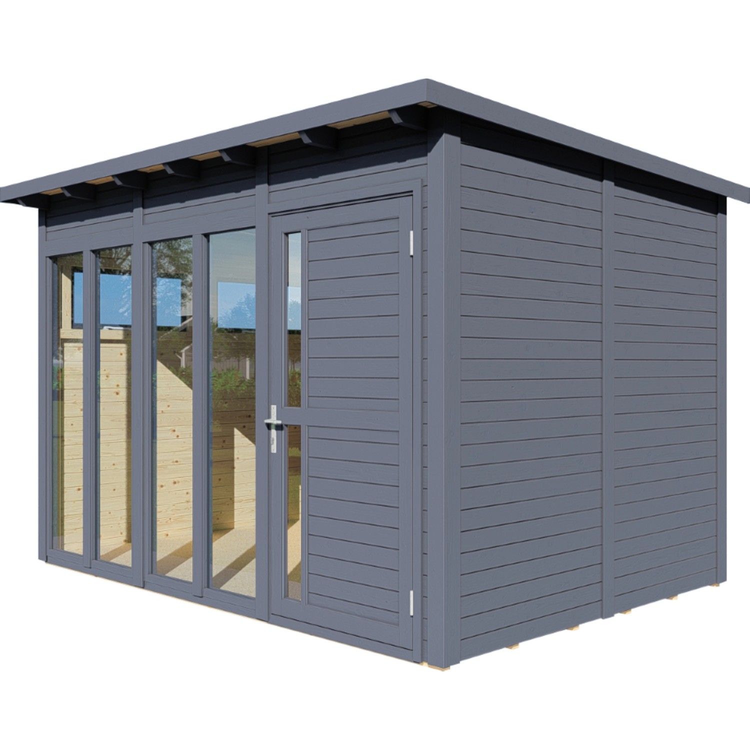 Anthrazitfarbenes Bertilo Gartenhaus Pentus 3 Office aus Holz mit Fenster und Tür.