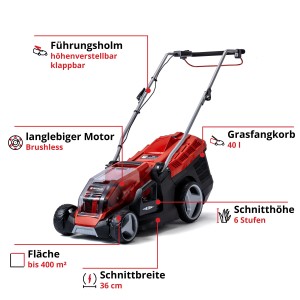 Einhell Akku-Rasenmäher GE-CM 36/36 Li mit Akkus, rot/schwarz. Für Flächen bis 400 m².