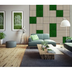 Jangal Wandpaneel Modular Wall Nature Green Moos, 52x52cm, als Wanddekoration im Wohnzimmer.