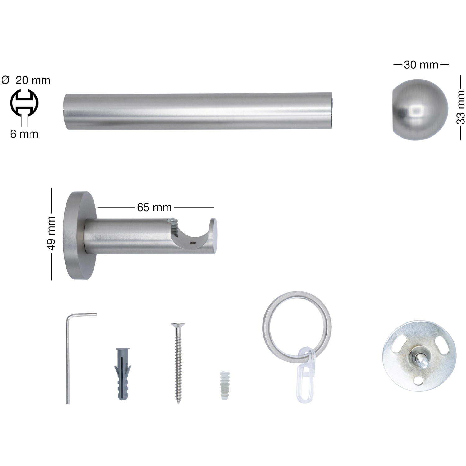 Mydeco Gardinenstange Edelstahl, 100cm mit Endstück Ball und Zubehör.