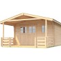 Unbehandeltes Weka Holz-Gartenhaus mit Satteldach und überdachter Veranda. Naturholzoptik.