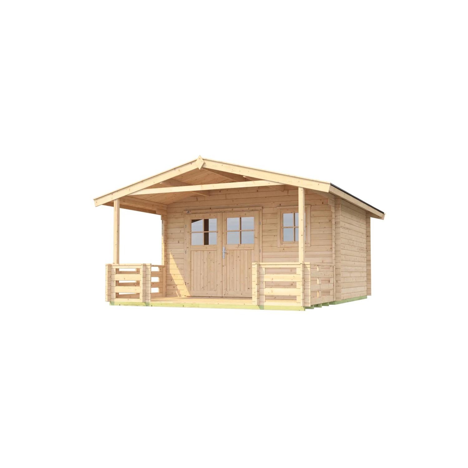 Unbehandeltes Weka Holz-Gartenhaus mit Satteldach und überdachter Veranda. Naturholzoptik.