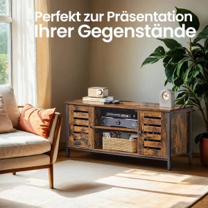 Songmics TV-Schrank Hanis, braun-schwarz, mit Lamellentüren und Regalfächern.