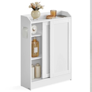Weißer Songmics Badezimmerschrank Siren mit Schiebetür und Regalfächern.
