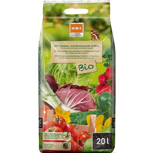 Sack OBI Bio Tomaten- und Gemüseerde, torffrei, 20 l, mit Gemüseabbildung.