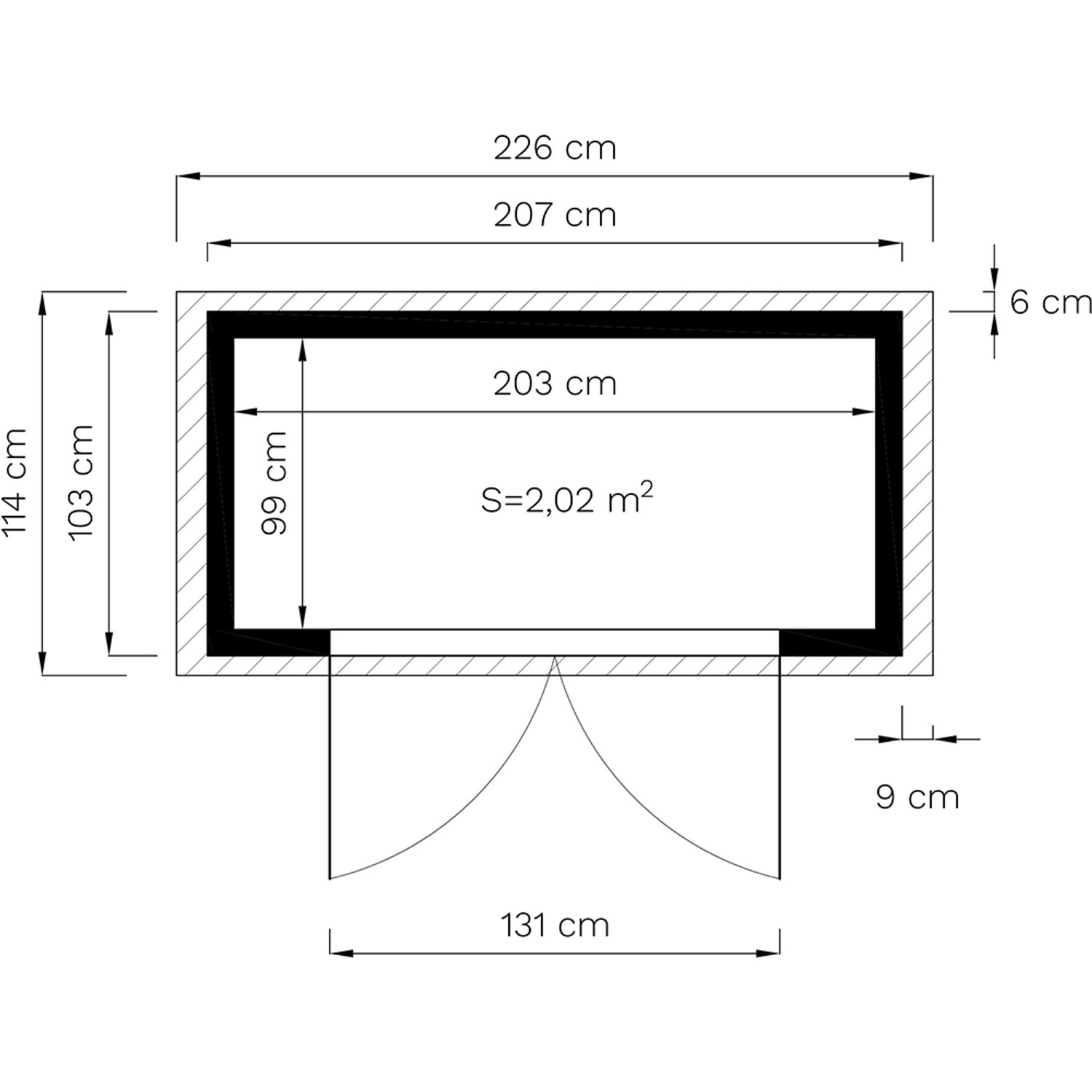 Grundrisszeichnung Bertilo Gerätehaus 103x207cm: Maße und Details des Holz-Gartenhauses.