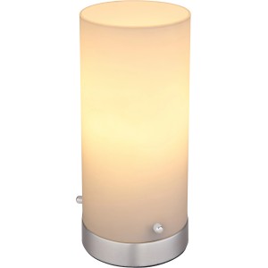 Globo LED-Tischlampe Cyli, Nachttischlampe aus Glas, weiß/nickel matt, zylinderförmig.