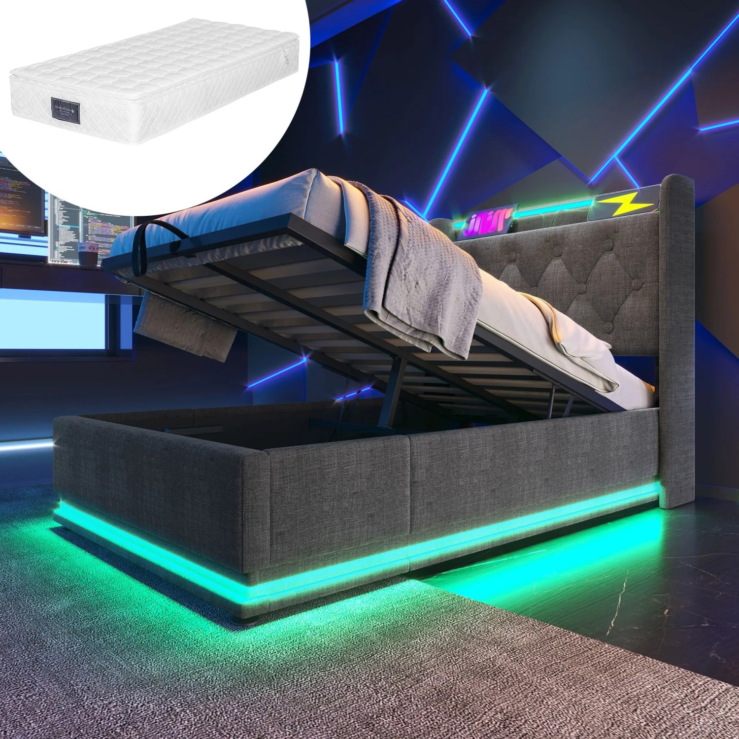 okwish Polsterbett 90x200cm mit LED USB C Einzelbett Grau mit Matratze_2