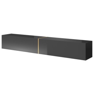 Selsey Bisira TV-Hängeboard, 200 cm, schwarz matt mit vertikalem goldenem Einsatz. Griffloses Design.