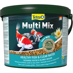 Tetra Pond Multi Mix Fischfutter 10L für Teichfische: Flocken, Sticks, Wafer und Gammaruskrebse im Eimer.