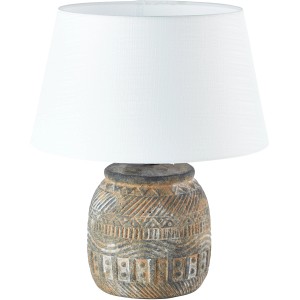 Brilliant Tischlampe Amadora, weiß-braun, mit Keramikfuß und weißem Textilschirm.