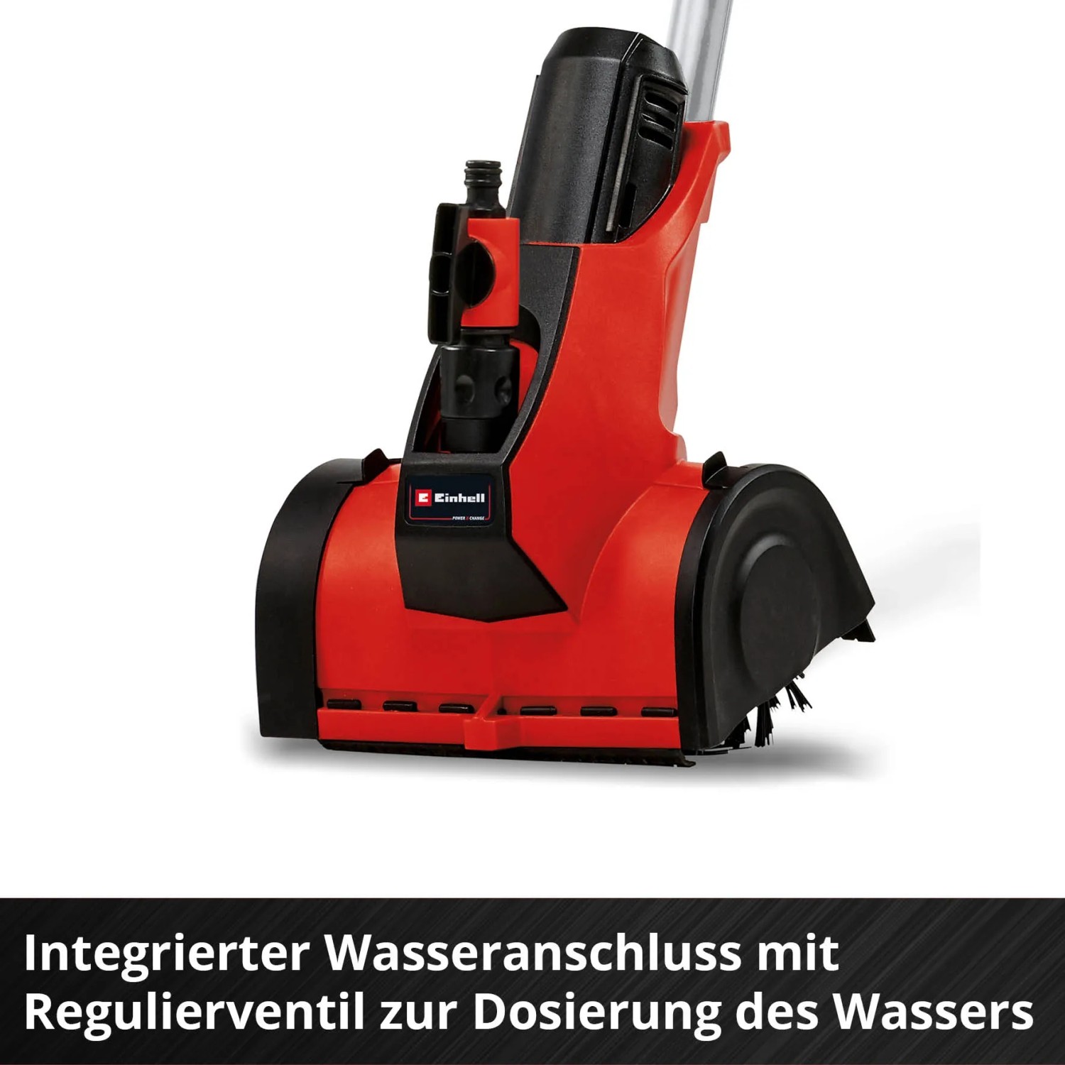 Einhell Akku-Oberflächenbürste PICOBELLA 18/215, rote Gartenhandgerät mit Bürste und Wasseranschluss.