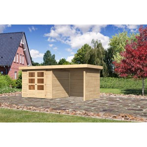Karibu Holz-Gartenhaus Boras mit Flachdach und Anbau, unbehandelt.