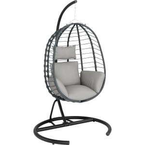 Faltbarer Hängesessel Cupertino mit anthrazitfarbenem Gestell und hellgrauen Polstern.