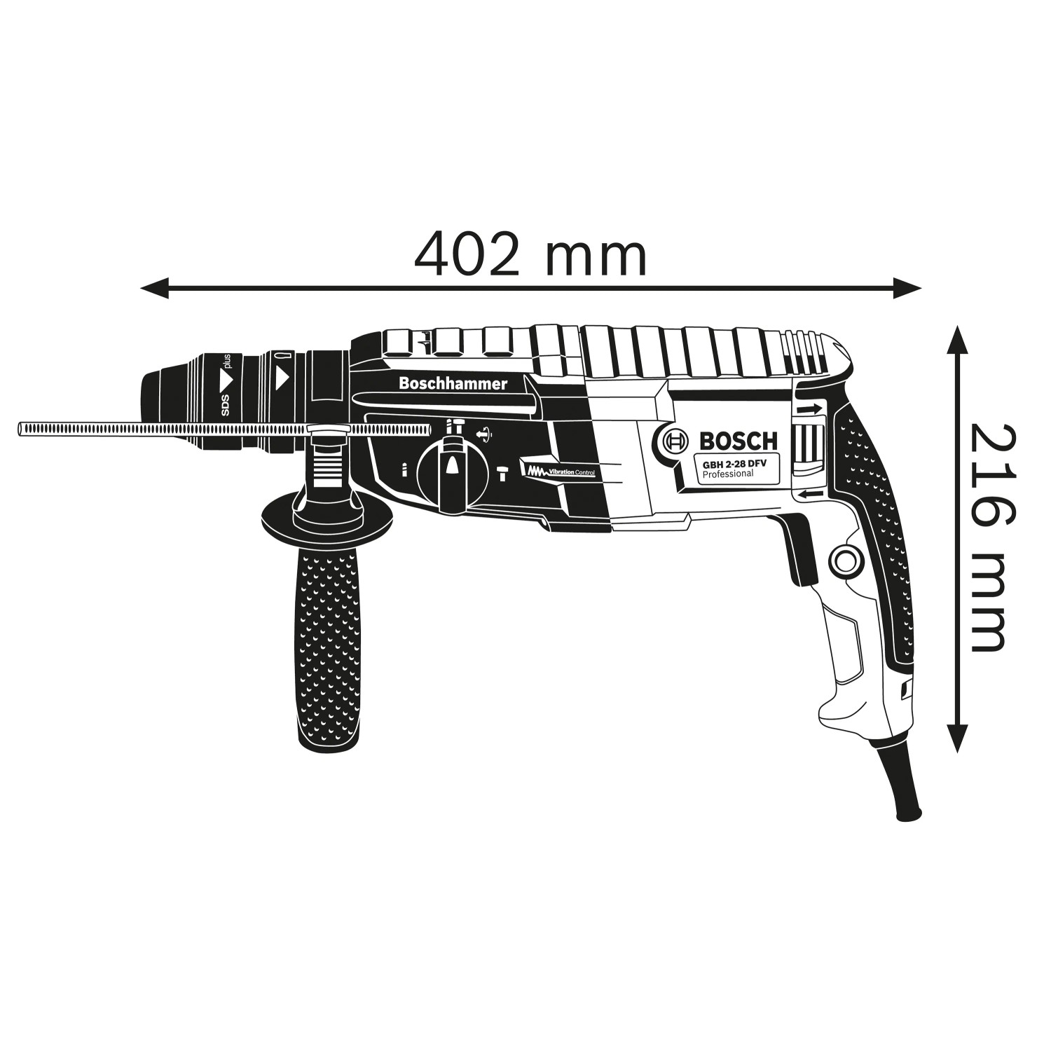 Skizze des Bosch Professional Bohrhammer GBH 2-28 F mit Maßangaben (402 x 216 mm).