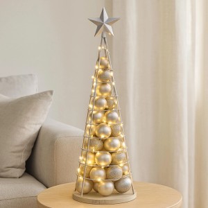 Silberfarbener Deko-Baum aus Metall, 90 cm hoch, mit Kugeln und Lichtern als Weihnachtsdekoration.