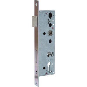 Abus Einsteckschloss für Rohrrahmentüren, silberfarben, mit Profilzylinderaufnahme und 45 mm Dornmaß.