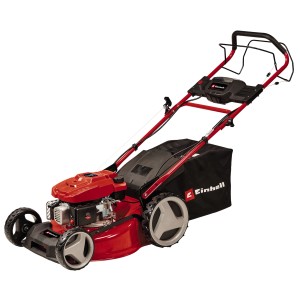 Einhell GC-PM 46 SM HW-E Li Benzin-Rasenmäher mit Fangkorb und rotem Gehäuse.
