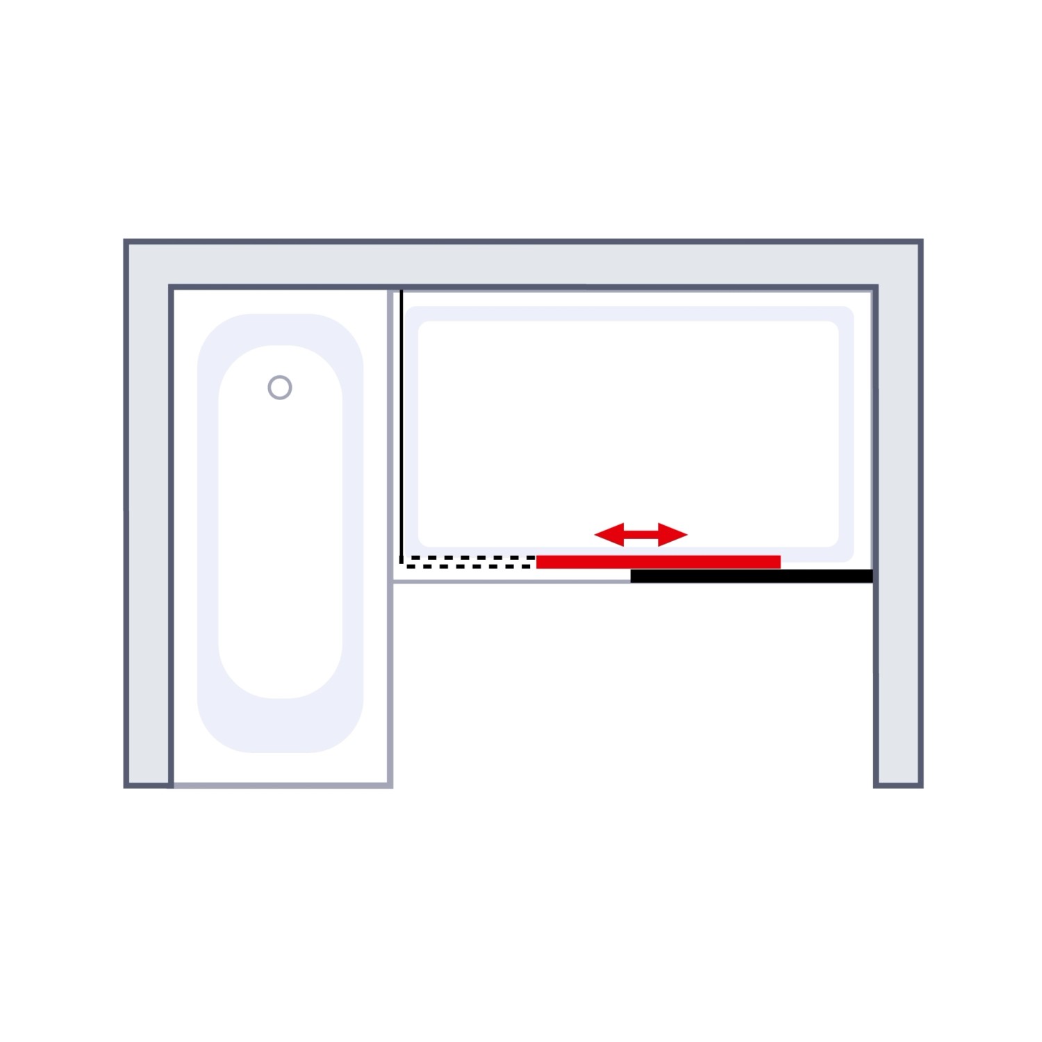 Skizze einer Schulte Walk In Schiebetür in Chrom-Optik mit Schiebe-Funktion neben einer Badewanne.