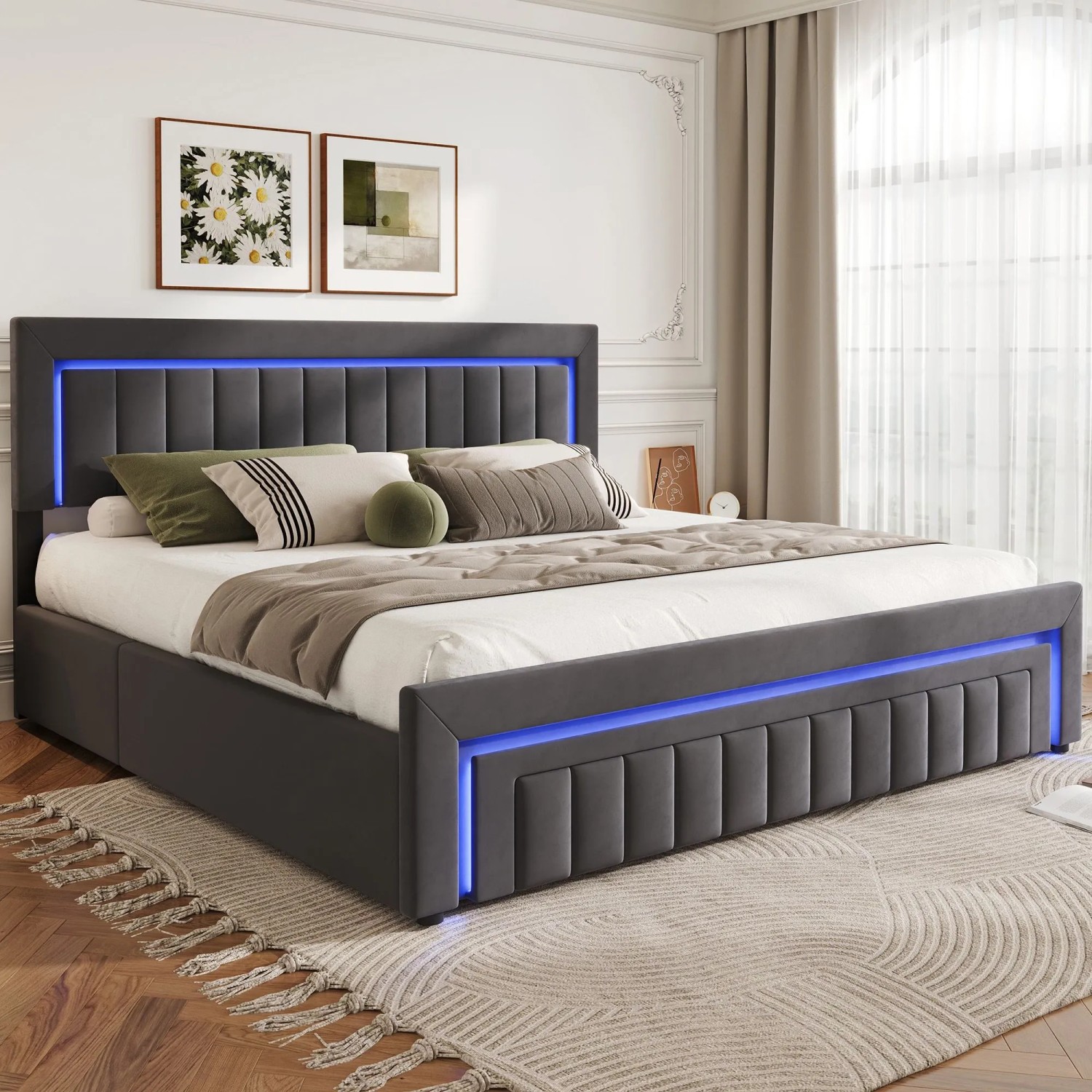 okwish Polsterbett mit LED Beleuchtung Schubladen Jugendzimmer 180x200cm Grau_5