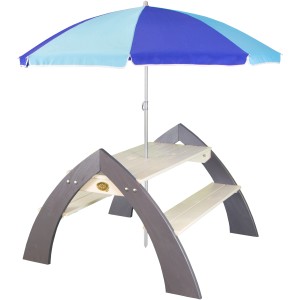 Kinder-Picknicktisch Kylo XL mit blau-weißem Sonnenschirm für Garten & Terrasse.