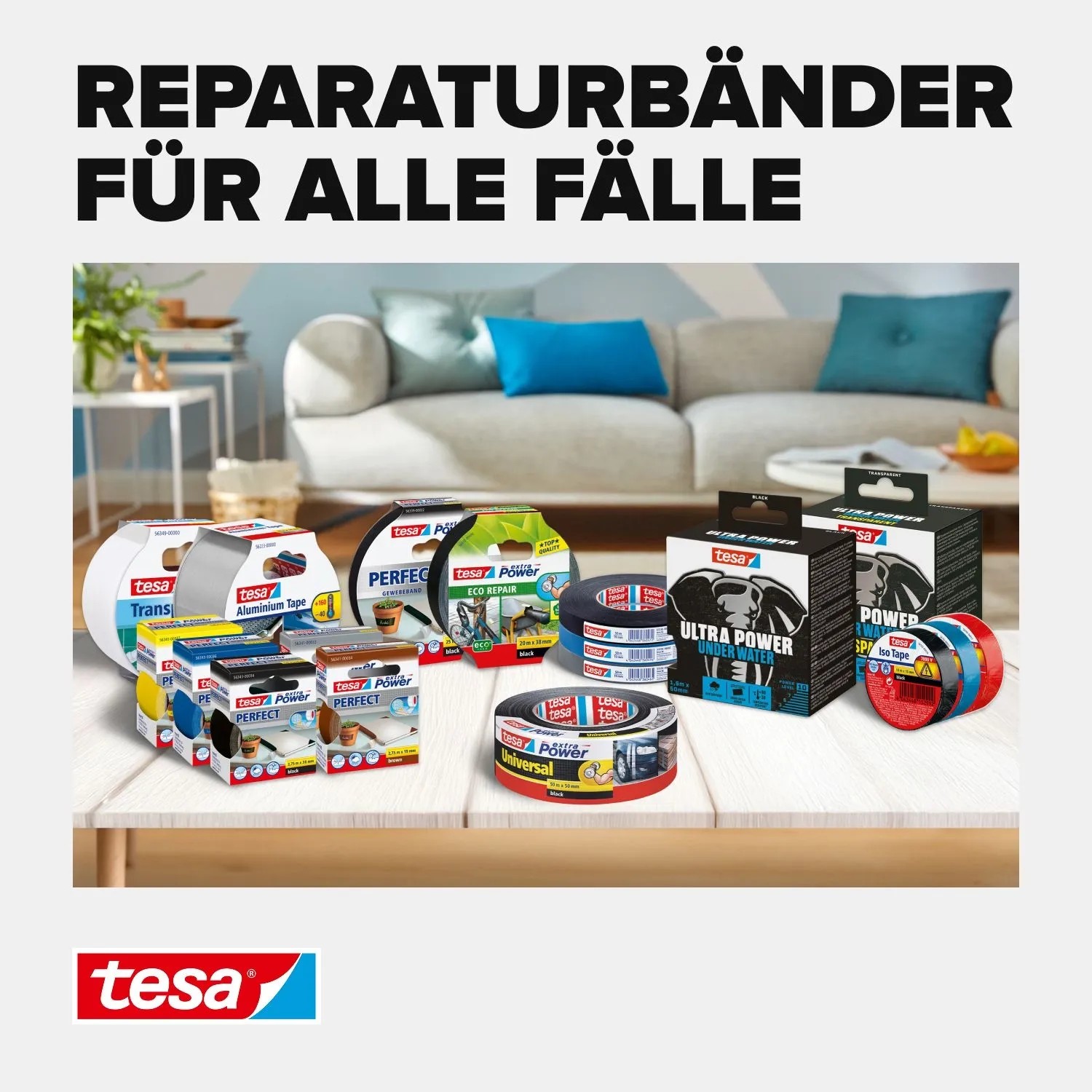 Tesa Reparaturbänder: Eine Auswahl verschiedener Klebebänder auf einem Holztisch. Ideal für vielseitige Reparaturen.
