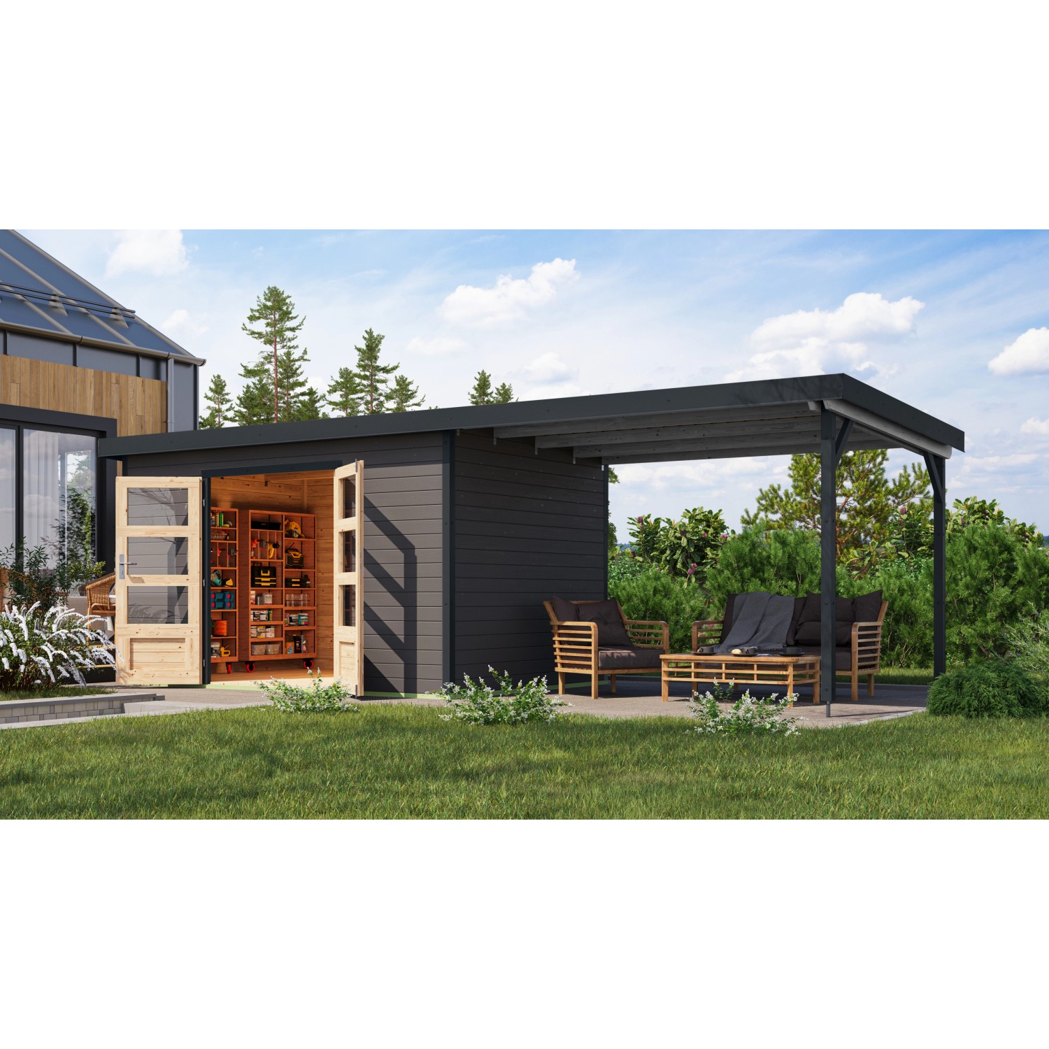 Karibu Gartenhaus Domingo 7 B mit Anbaudach in Terragrau/Anthrazit und Sitzgruppe im Garten.