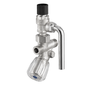 Kompakte Mekisan Sicherheitsgruppe aus verchromtem Messing für Warmwasserspeicher. Mit Absperrung, Rückschlag- und Sicherheitsventil 6 bar, 1/2 Zoll.