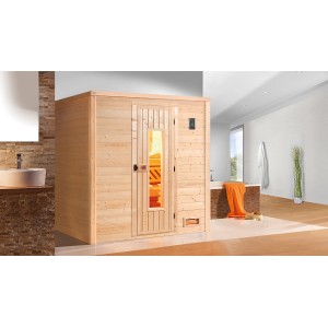 Weka Massivholzsauna Bergen mit Holztür und Saunaofen im modernen Badezimmer.