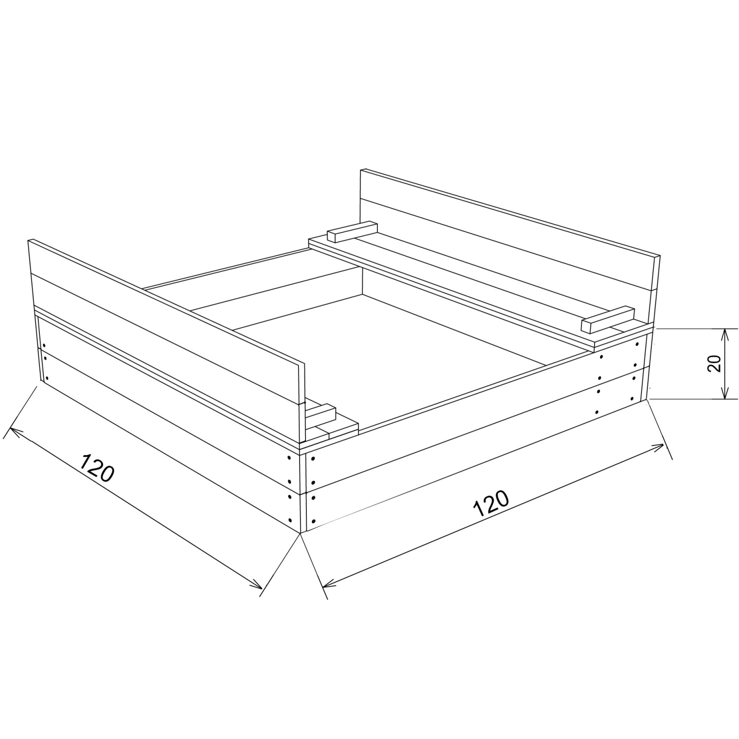 Axi Ella XL Sandkasten, braun-grün, 120x120x20 cm, mit Maßangaben.