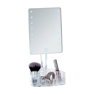 Wenko LED-Kosmetikspiegel Trenno mit Organizer, weiß, aus Kunststoff. Standspiegel mit Fächern für Make-up.