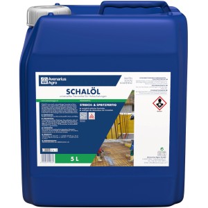 Blauer 5 l Kanister Schalöl, Trennmittel für Holzschalungen im Bau.