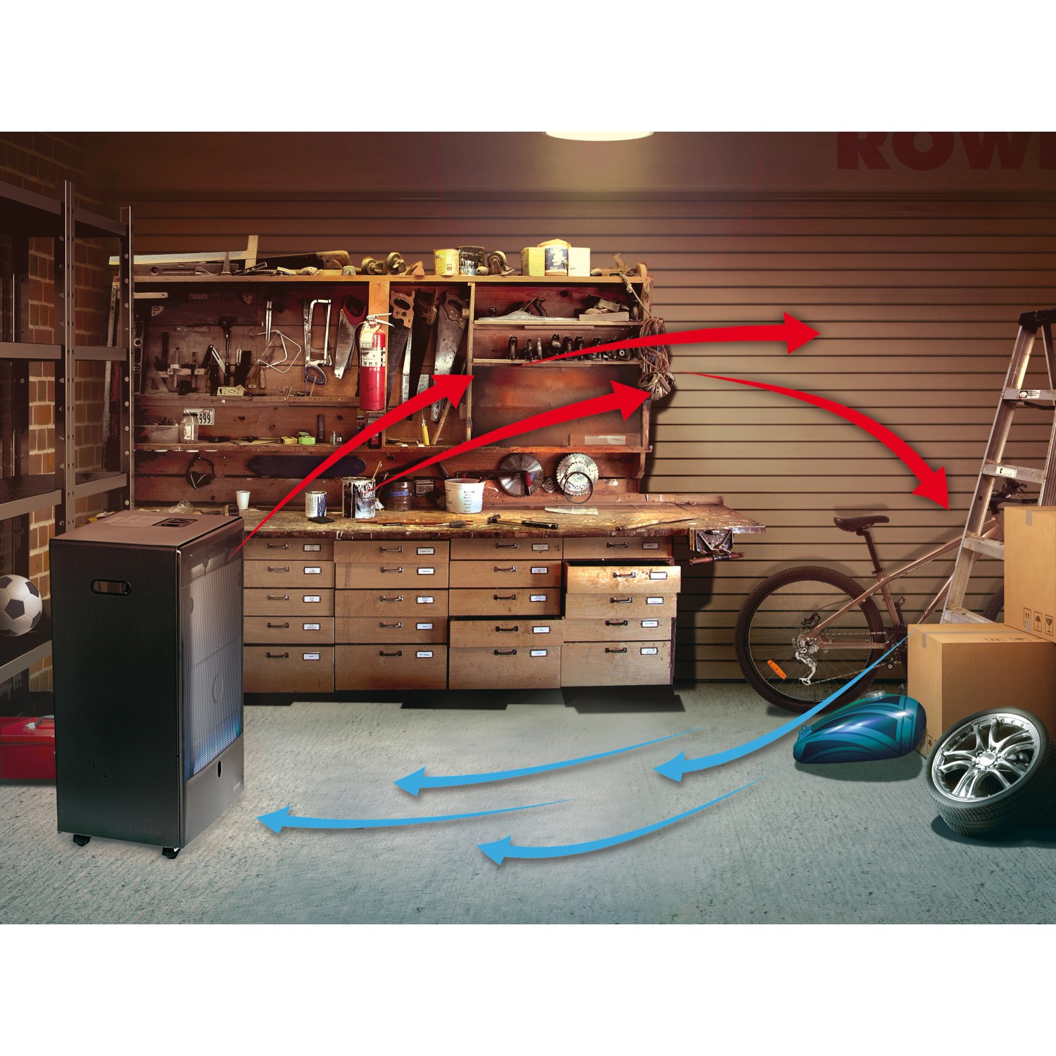 Schwarzer Rowi Gas Heizofen Blue Flame 4,2 kW mit Thermostat in einer Garage mit Werkbank und Fahrrad.