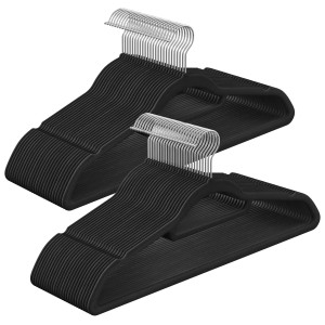 Songmics Kleiderbügel Set, 50-teilig, Schwarz/Silber, Samt, rutschfest, mit Hosensteg und drehbarem Haken.