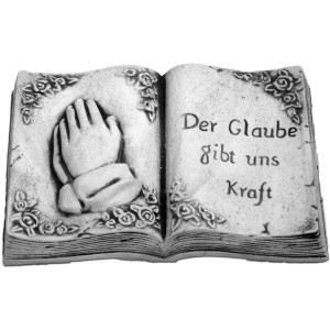 Grabdekoration Buch mit Trauerspruch, weiß, aus Beton, mit betenden Händen und Spruch.
