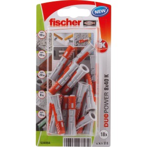 Fischer Duopower 8x40 K Dübel, 18er Packung, grau und rot, für sichere Befestigungen in verschiedenen Baustoffen.
