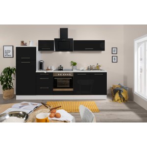 Respekta Premium Küchenzeile 270 cm in Schwarz Hochglanz/Weiß mit E-Geräten.