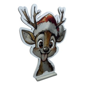 Niedliche Reh-Weihnachtsfigur mit Weihnachtsmütze und Standfuß. Ideal als Innen-Deko.
