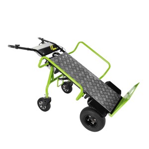 Grün-schwarze elektrische Sackrodel ZI-ET260 mit Riffelblech-Ladefläche und großen Rädern für Lastentransport.