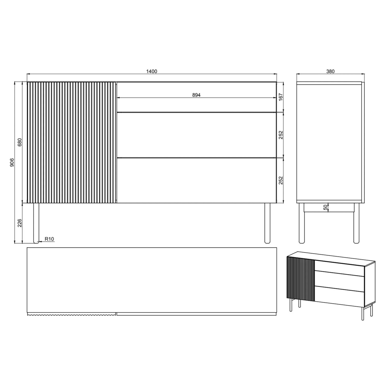 Technische Zeichnung des Selsey Sideboards Nolie, 140 cm breit, mit einer Tür und drei Schubladen in Portland-Esche Schwarz.