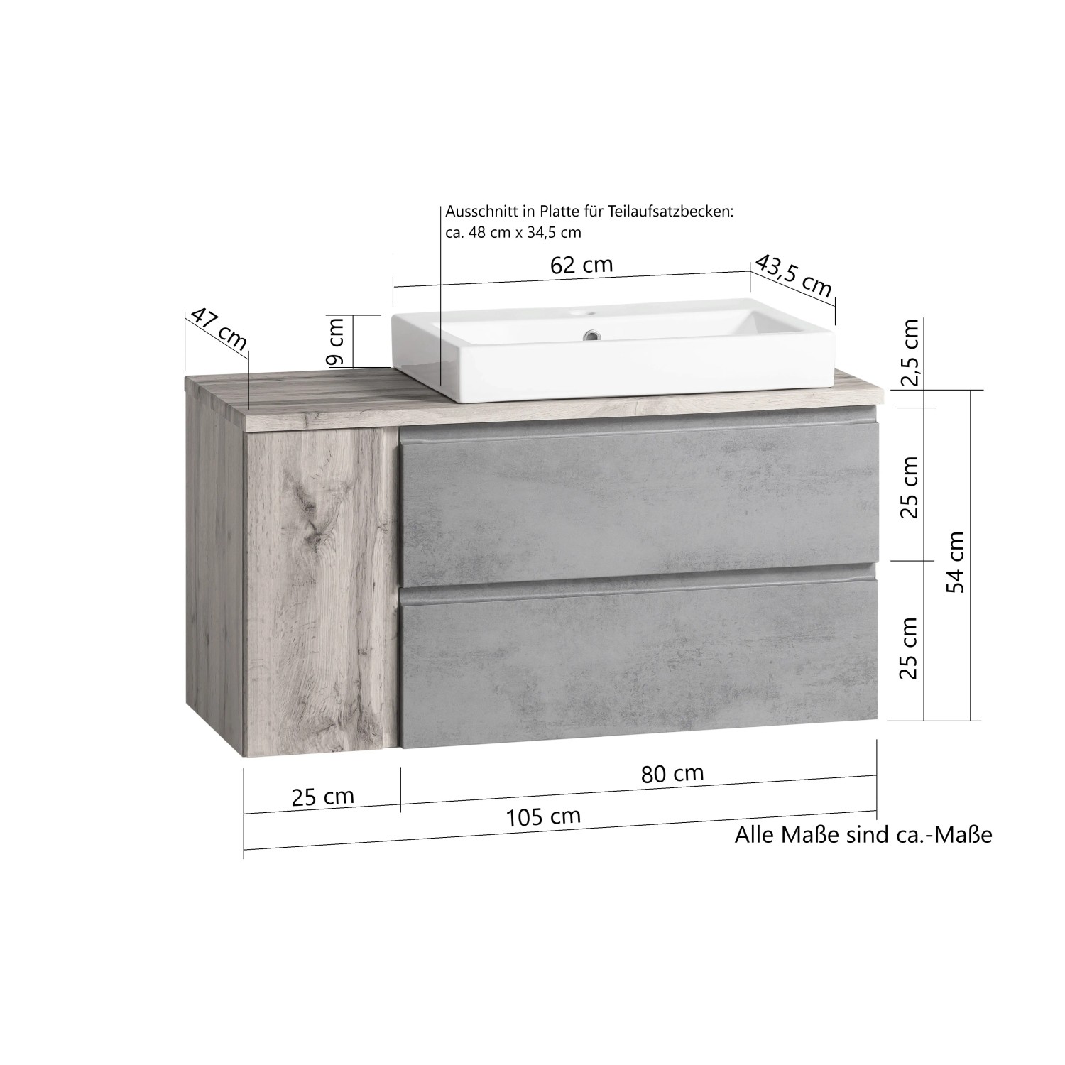 Held Möbel Waschtisch Ancona, 105 cm, Weiß-Wotaneiche mit Becken rechts. Badmöbel-Set mit zwei Schubladen.