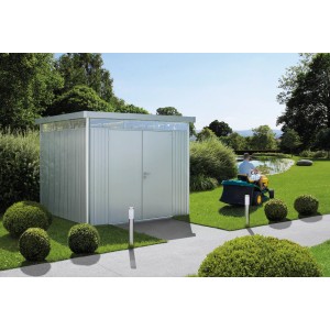 Biohort Metall-Gerätehaus HighLine, silber-metallic, 6,6 m² mit Doppeltür im Garten.