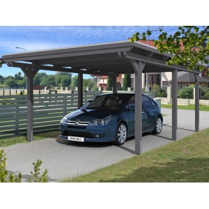 Skan Holz Carport Emsland, schiefergrau, mit Auto. Einzelcarport mit Flachdach und sechs Pfosten.