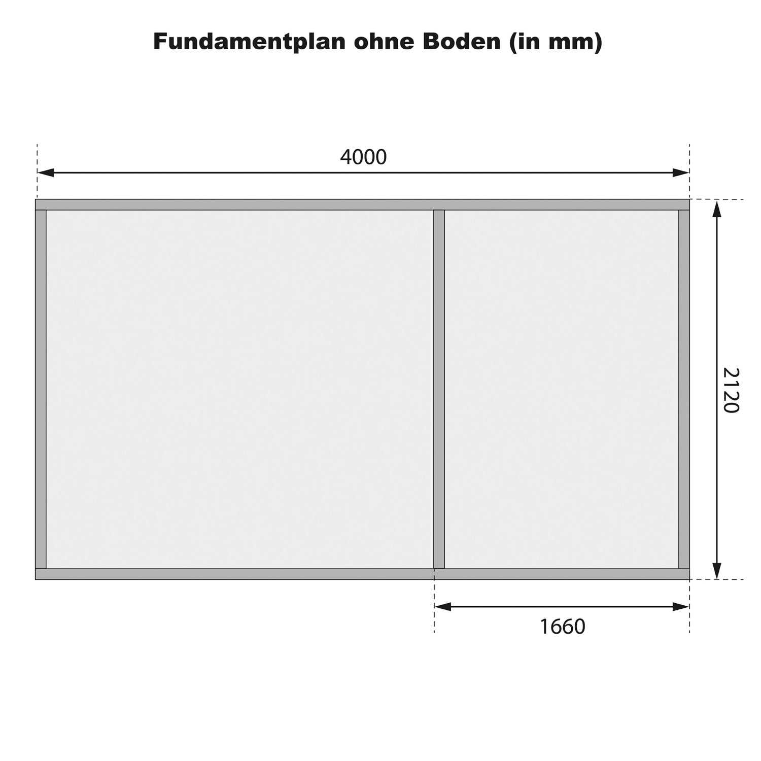 Fundamentplan des Karibu Holz-Gartenhauses Nürnberg, Maße: 400x213 cm.