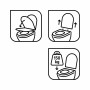 Icons: WC-Sitz mit Absenkautomatik, Quick-Release Funktion und Belastbarkeit bis 150 kg.