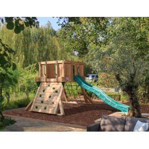 Hy-Land Spielgerät Q1 mit Rutsche aus Douglasie, Kletterwand und Kletternetz für Kinder.